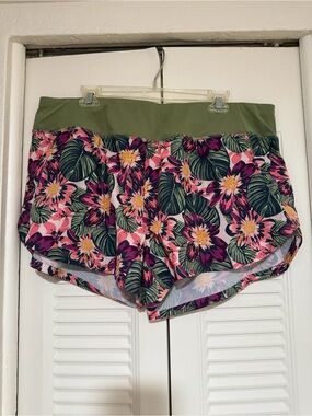 MTA Sport Pink Floral Athletic Shorts with Olive Waistband